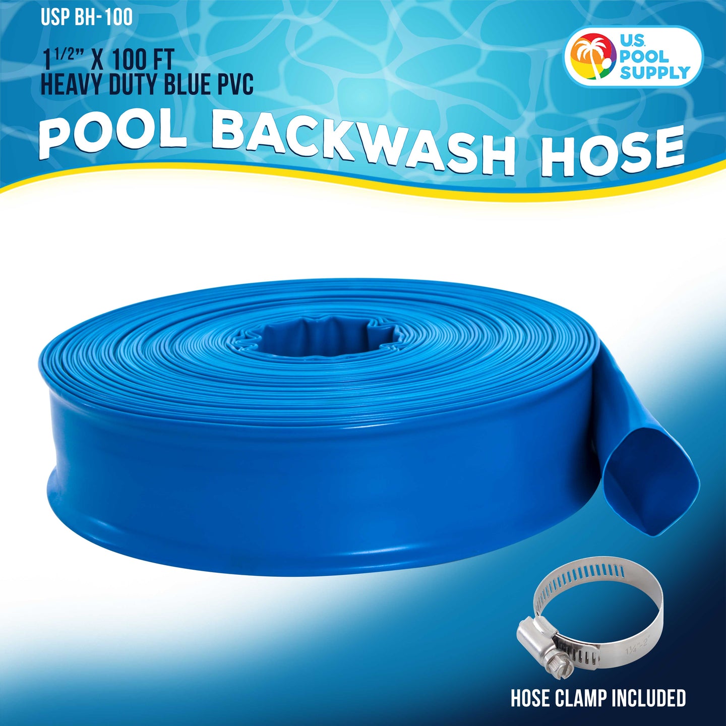1-1/2" x 100' Heavy Duty Blue Swimming Pool Backwash Hose with Hose Clamp