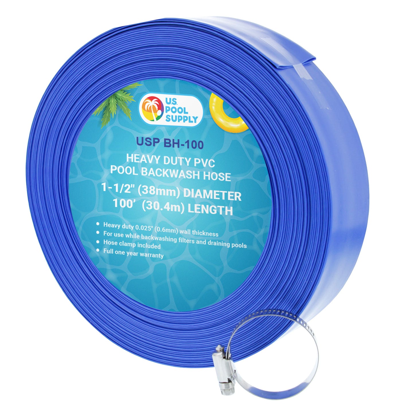 1-1/2" x 100' Heavy Duty Blue Swimming Pool Backwash Hose with Hose Clamp