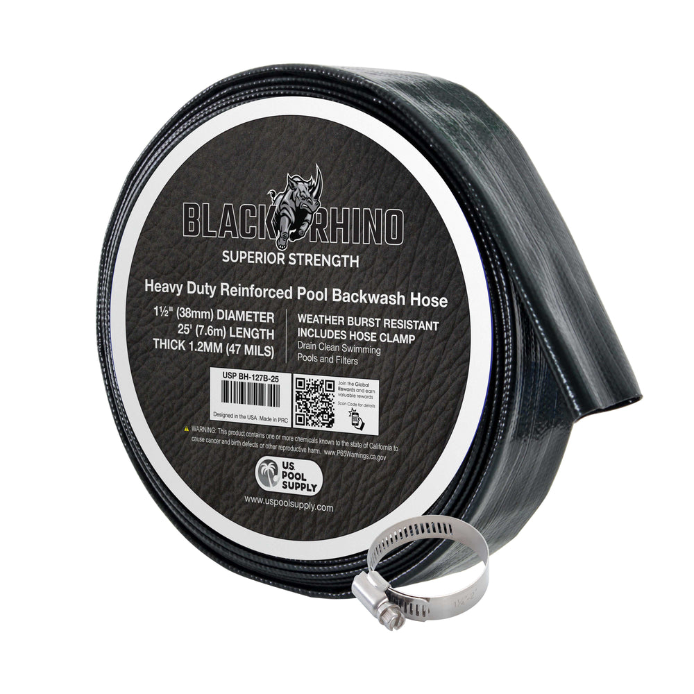 U.S. Pool Supply Black Rhino 1-1/2" x 25' Pool Backwash Hose with Hose Clamp - Extra Heavy Duty Superior Strength, Thick 1.2mm 47mils, Burst Resistant