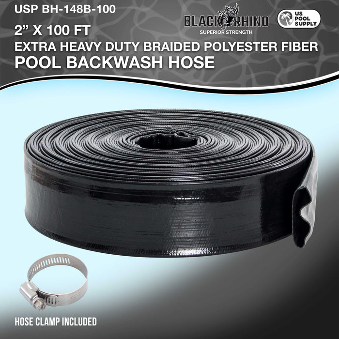 U.S. Pool Supply® Black Rhino 2" x 100' Pool Backwash Hose with Hose Clamp - Extra Heavy Duty Superior Strength, Thick 1.2mm (47 mils) - Weather Burst Resistant