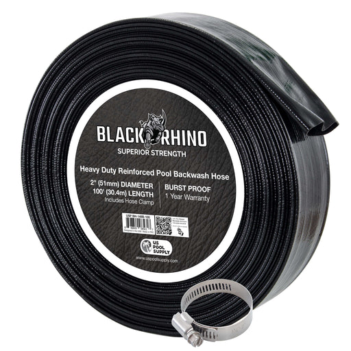 U.S. Pool Supply® Black Rhino 2" x 100' Pool Backwash Hose with Hose Clamp - Extra Heavy Duty Superior Strength, Thick 1.2mm (47 mils) - Weather Burst Resistant
