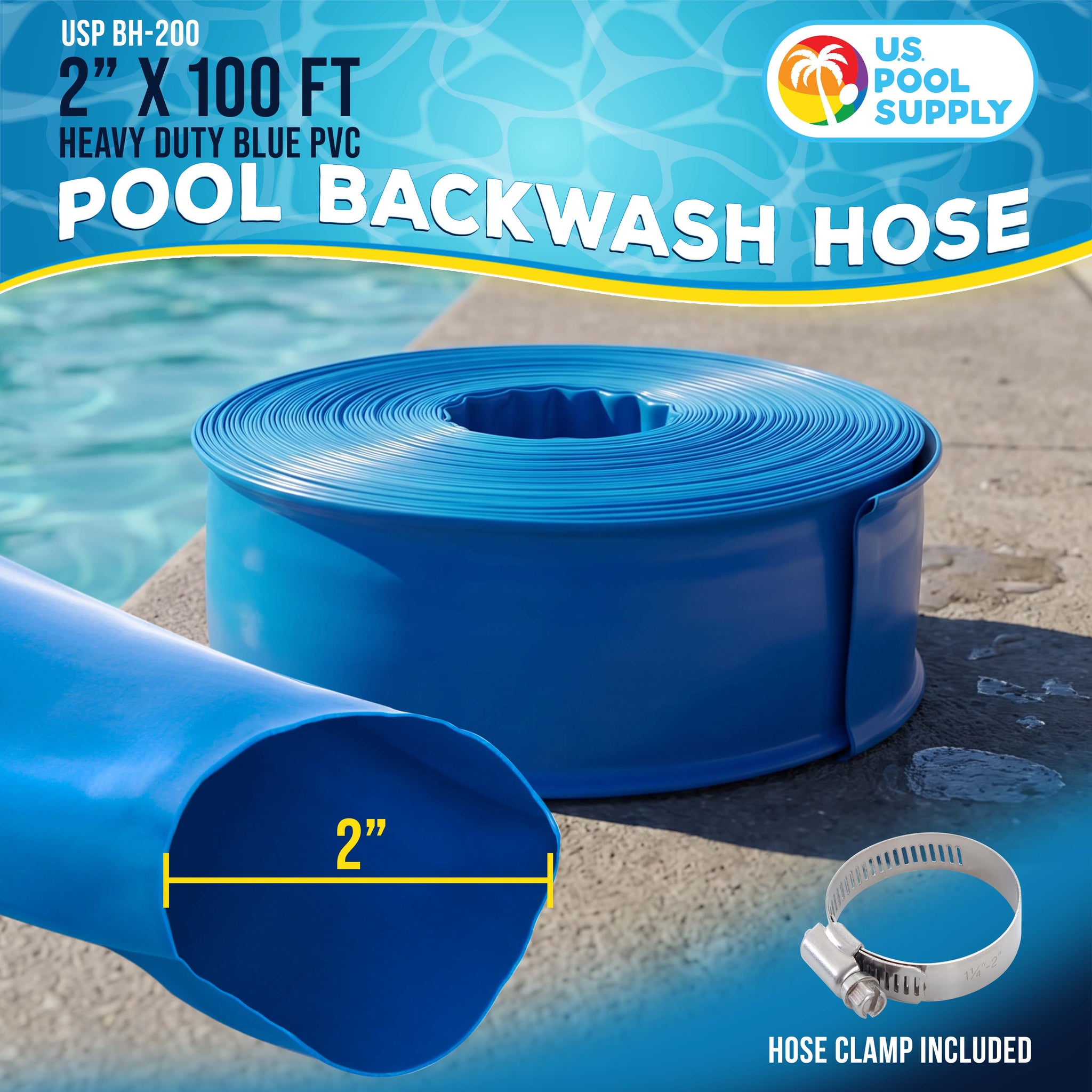 2" x 100' Heavy Duty Blue Swimming Pool Backwash Hose with Hose Clamp