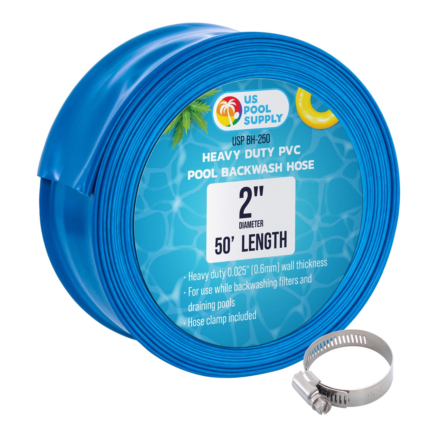 2" x 50' Heavy Duty Blue Swimming Pool Backwash Hose with Hose Clamp