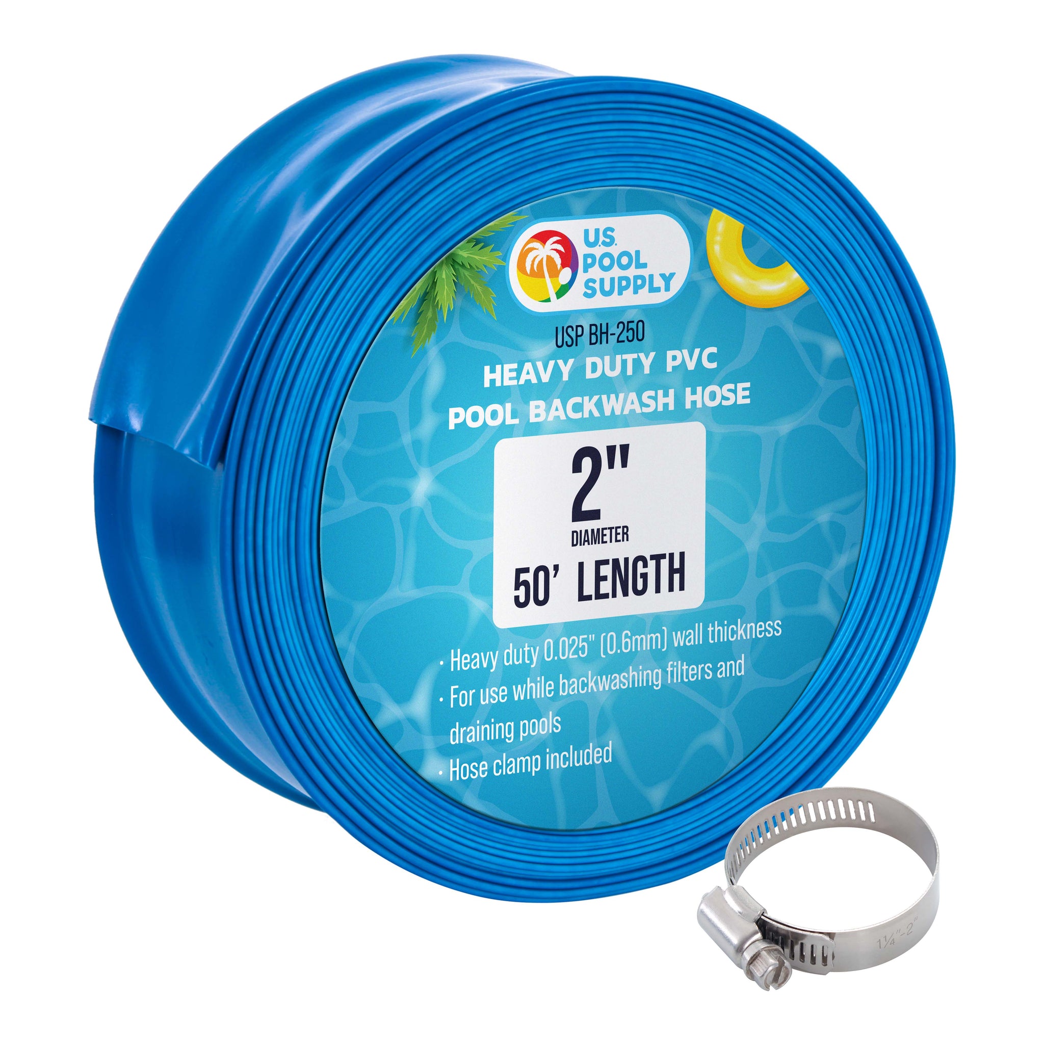 2" x 50' Heavy Duty Blue Swimming Pool Backwash Hose with Hose Clamp