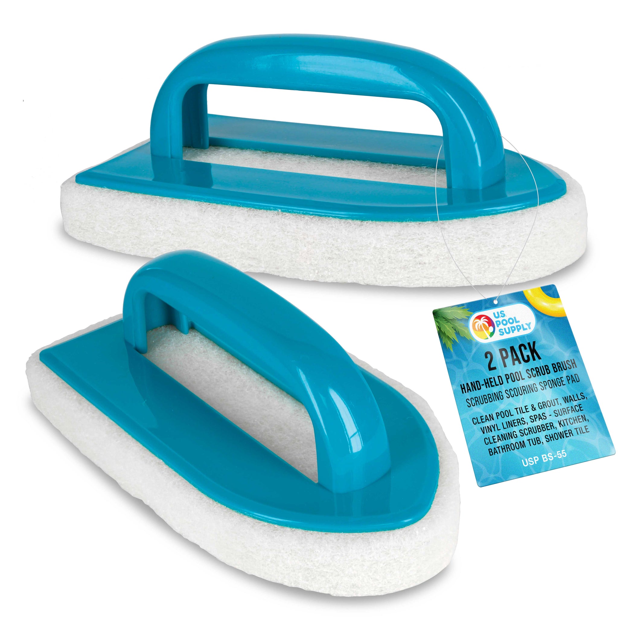 Hand-Held Pool Scrub Brush, 2 Pack - Surface Scrubbing Scouring Sponge Pad - Clean Pool Tile & Grout, Walls, Vinyl Liners, Spas