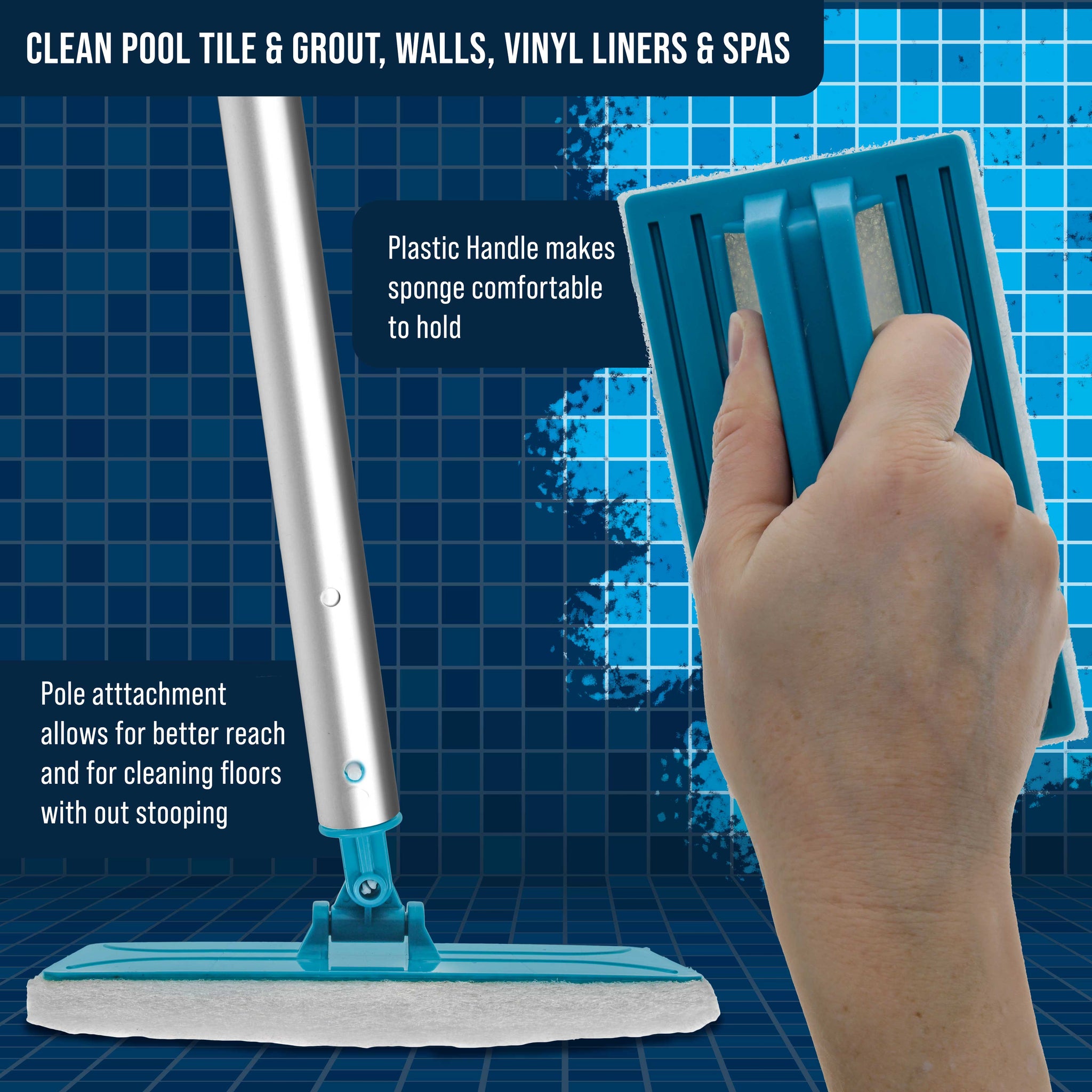 Hand-Held and Pool Pole Attachment Scrub Brushes - Surface Scrubbing Scouring Sponge Pads - Clean Pool Tile Grout, Walls Vinyl Liners