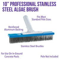 Professional 10" Stainless Steel Pool Algae Brush with EZ Clip Handle - Durable Bristles, Remove Calcium Buildup, Rust Stains, Sweep Debris