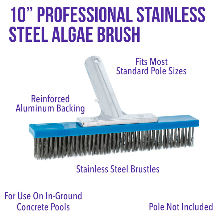 U.S. Pool Supply® Professional 10" Stainless Steel Pool Algae Brush with EZ Clip Handle - Durable Bristles, Remove Calcium Buildup, Rust Stains, Sweep Debris