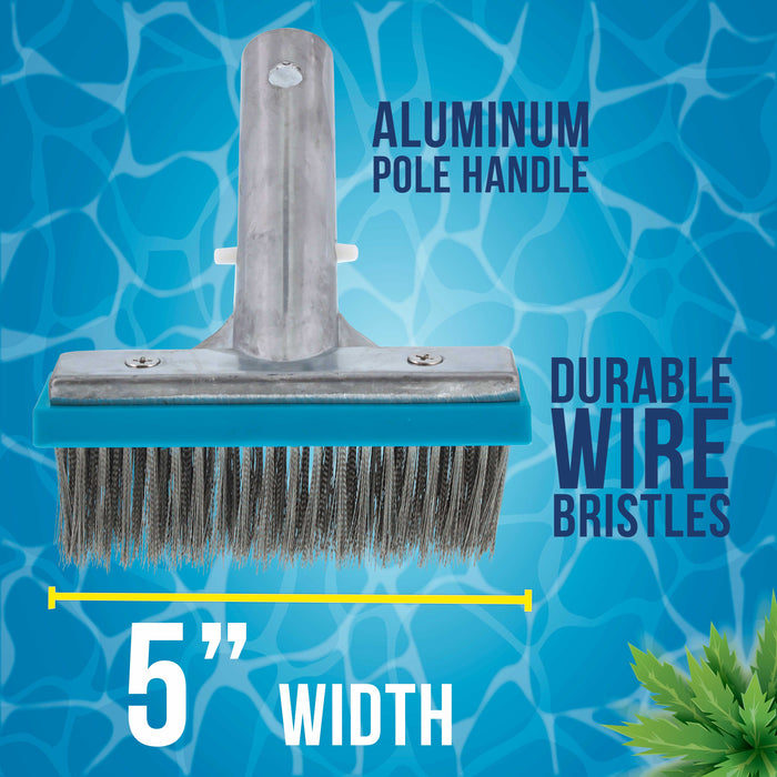 U.S. Pool Supply 5" Stainless Steel Wire Bristle Pool Brush, HD Aluminum Pole Handle - Clean Remove Rust Stains on Concrete, Calcium Build-Up on Tiles