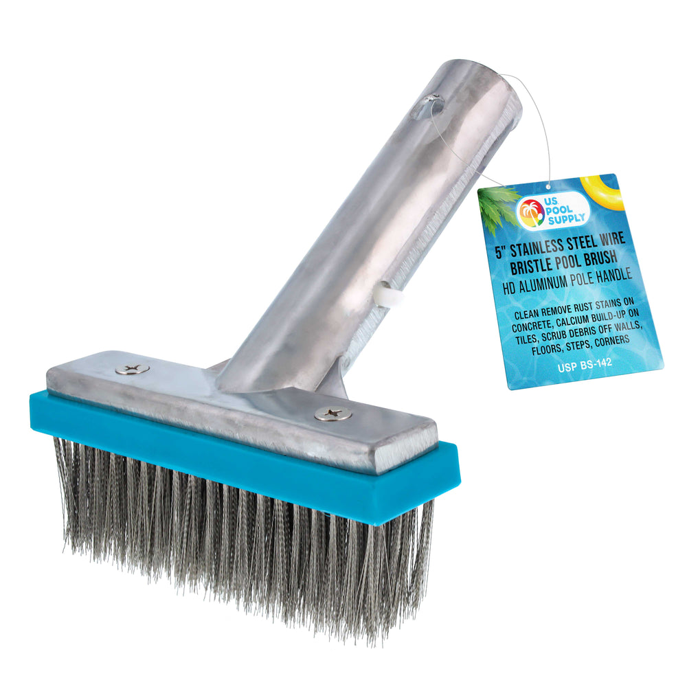 U.S. Pool Supply 5" Stainless Steel Wire Bristle Pool Brush, HD Aluminum Pole Handle - Clean Remove Rust Stains on Concrete, Calcium Build-Up on Tiles