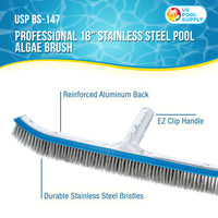 Professional 18" Stainless Steel Pool Algae Brush with EZ Clip Handle - Durable Bristles, Remove Calcium Buildup, Rust Stains, Sweep Debris