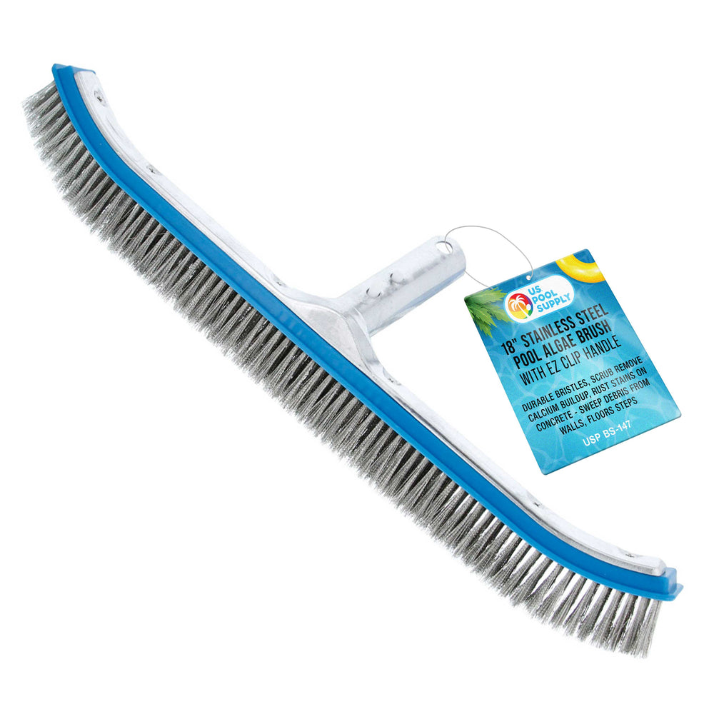 U.S. Pool Supply® Professional 18" Stainless Steel Pool Algae Brush with EZ Clip Handle - Durable Bristles, Remove Calcium Buildup, Rust Stains, Sweep Debris