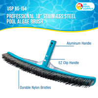 Professional 18" Stainless Steel Pool Algae Brush with Heavy Duty Aluminum Handle, EZ Clips - Durable Wire Bristles, Scrub & Remove Rust Stains Debris