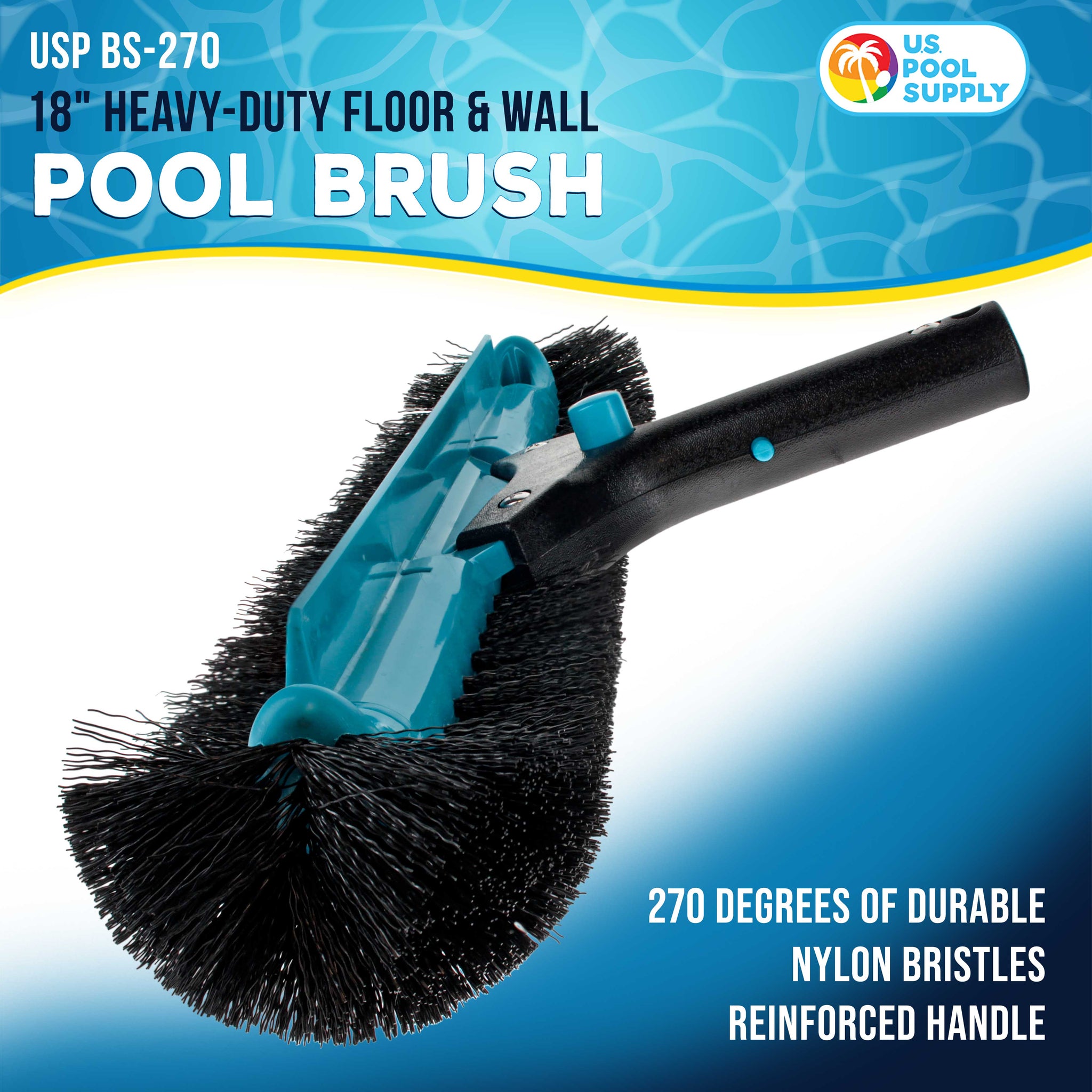 Professional 18" Heavy-Duty Floor & Wall Pool Brush with 270 Degrees of Durable Nylon Bristles - Reinforced Handle, Scrub Corners