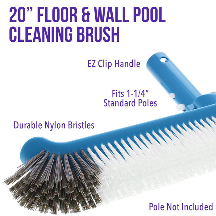 U.S. Pool Supply® Professional 20" Floor & Wall Pool Cleaning Brush with Adjustable Angle EZ Clip Handle - Curved Ends, 7 Rows of Durable Nylon Bristles - Sweep Algae