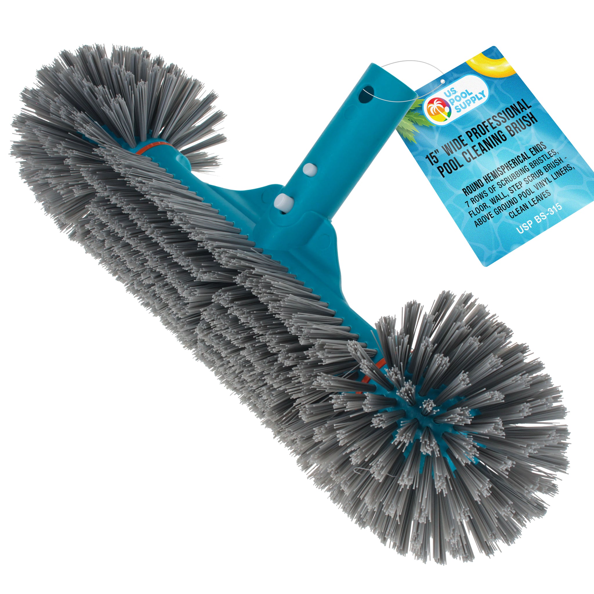 15" Pool Brush Head for Inground Pools - Round Hemispherical Ends, 7 Rows of Scrubbing Bristles, Floor, Wall, Step Scrub Brush