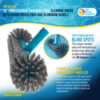 15" Pool Brush Head for Inground Pools - Round Hemispherical Ends, 7 Rows of Scrubbing Bristles, Floor, Wall, Step Scrub Brush