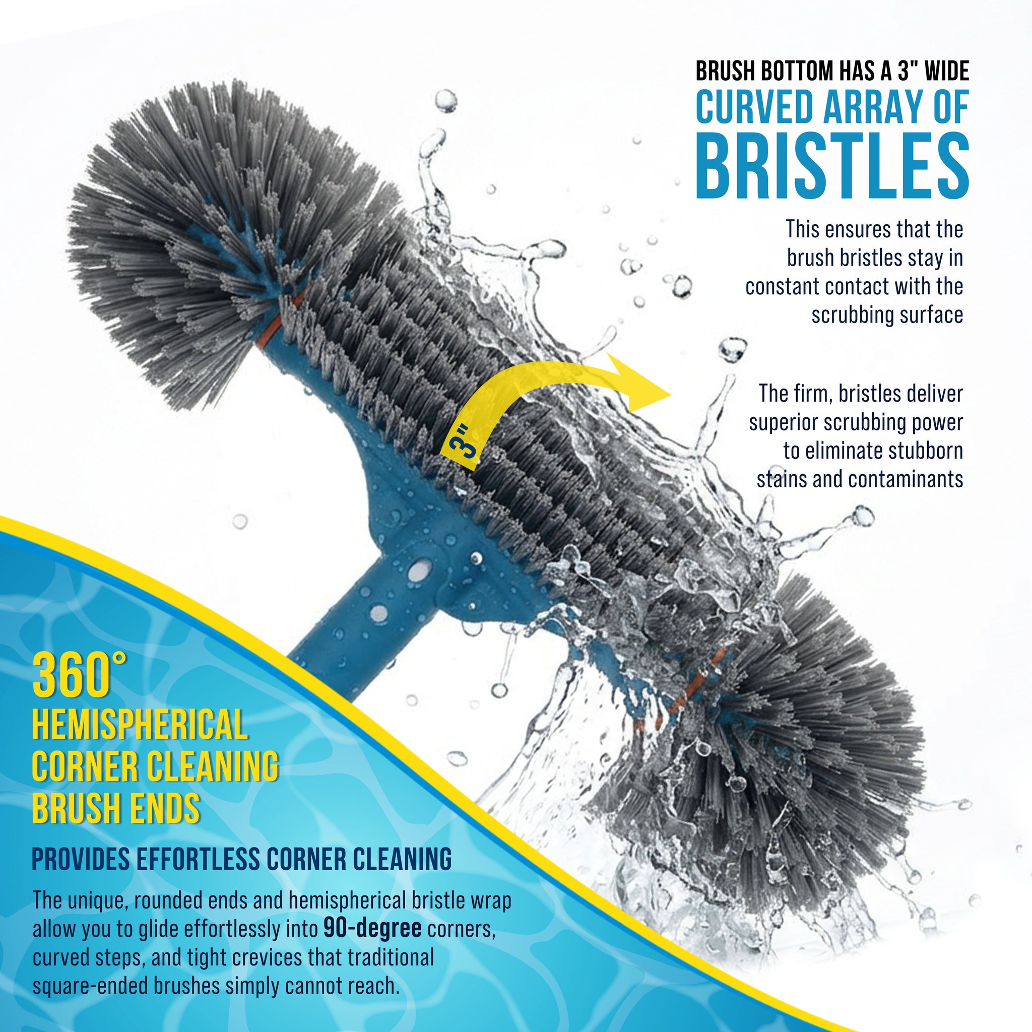 15" Pool Brush Head for Inground Pools - Round Hemispherical Ends, 7 Rows of Scrubbing Bristles, Floor, Wall, Step Scrub Brush