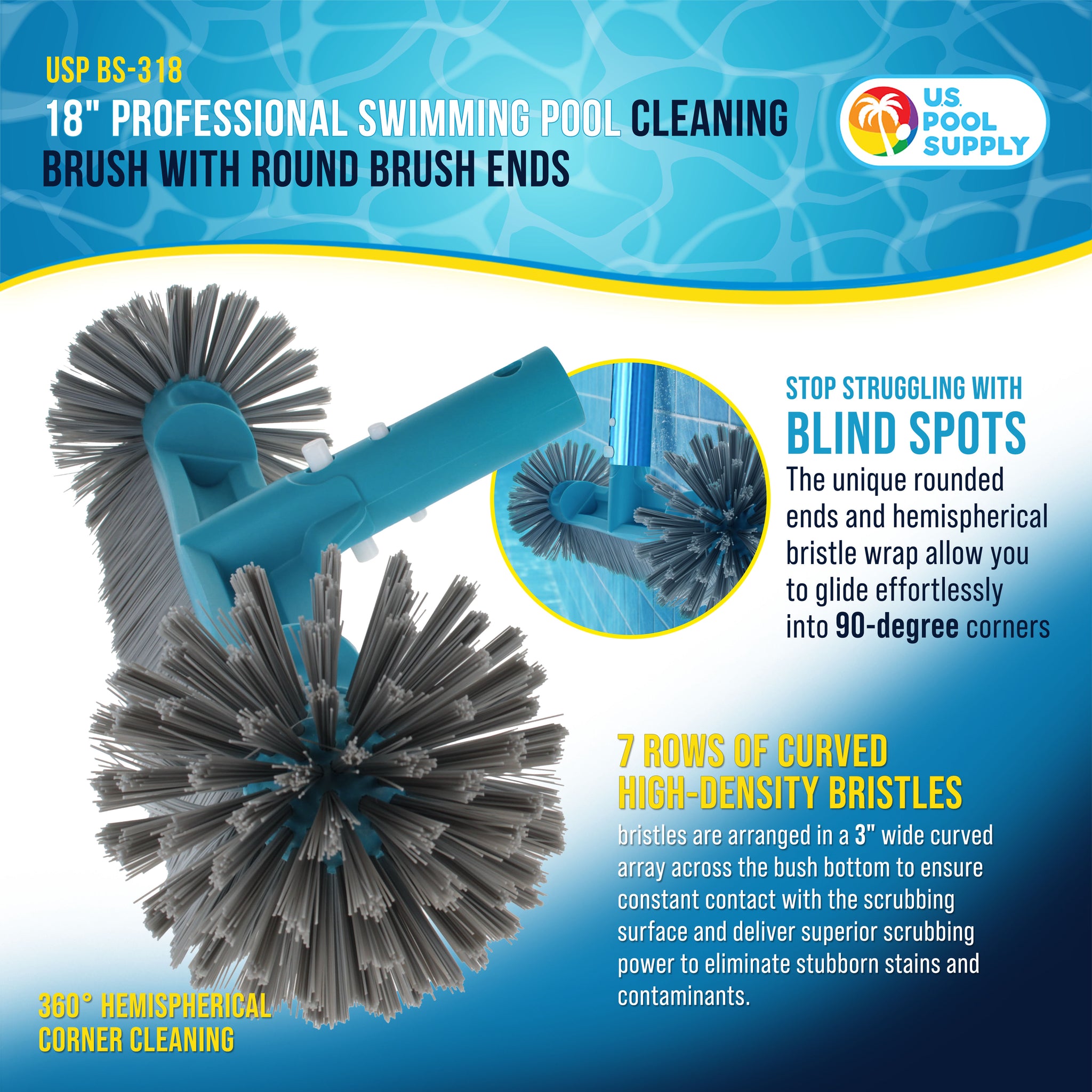 18" Pool Brush Head for Inground Pools - Round Hemispherical Ends, 7 Rows of Scrubbing Bristles, Floor, Wall, Step Scrub Brush
