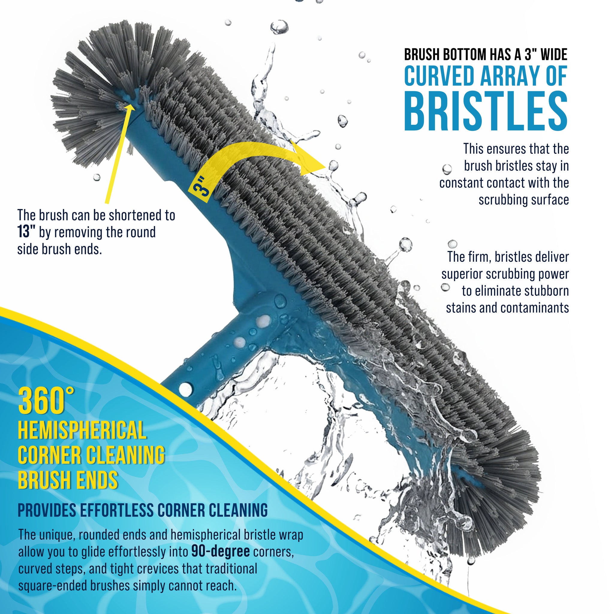 18" Pool Brush Head for Inground Pools - Round Hemispherical Ends, 7 Rows of Scrubbing Bristles, Floor, Wall, Step Scrub Brush