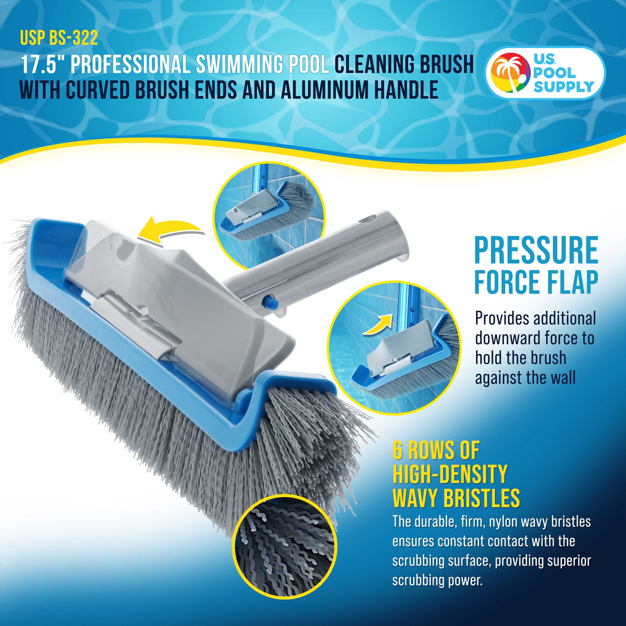 17.5" Pool Brush Head for Inground Pools - Swimming Pool Brush with Curved Ends, Aluminum Pole Handle, Durable Bristles, Scrub Floors, Walls, Step