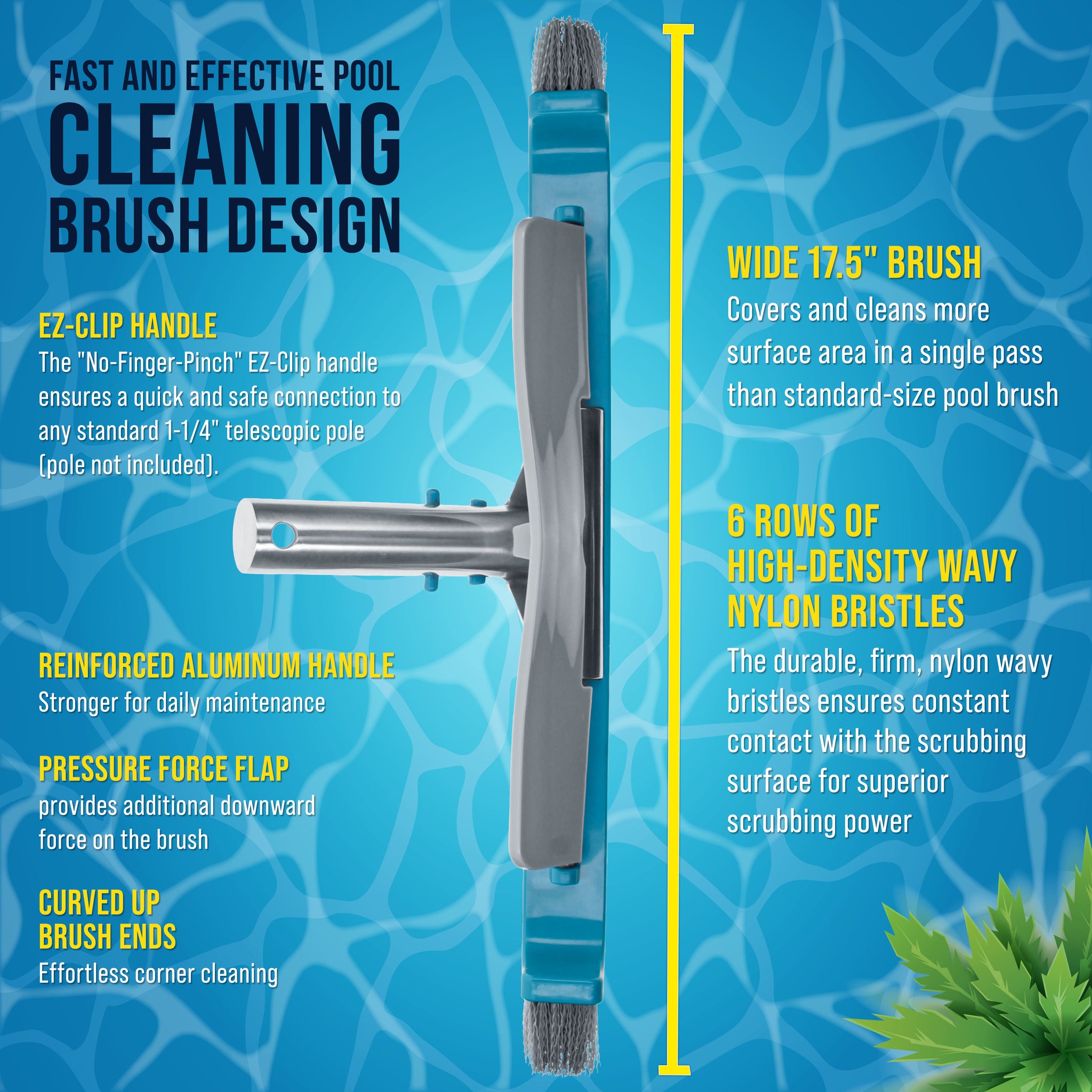 17.5" Pool Brush Head for Inground Pools - Swimming Pool Brush with Curved Ends, Aluminum Pole Handle, Durable Bristles, Scrub Floors, Walls, Step