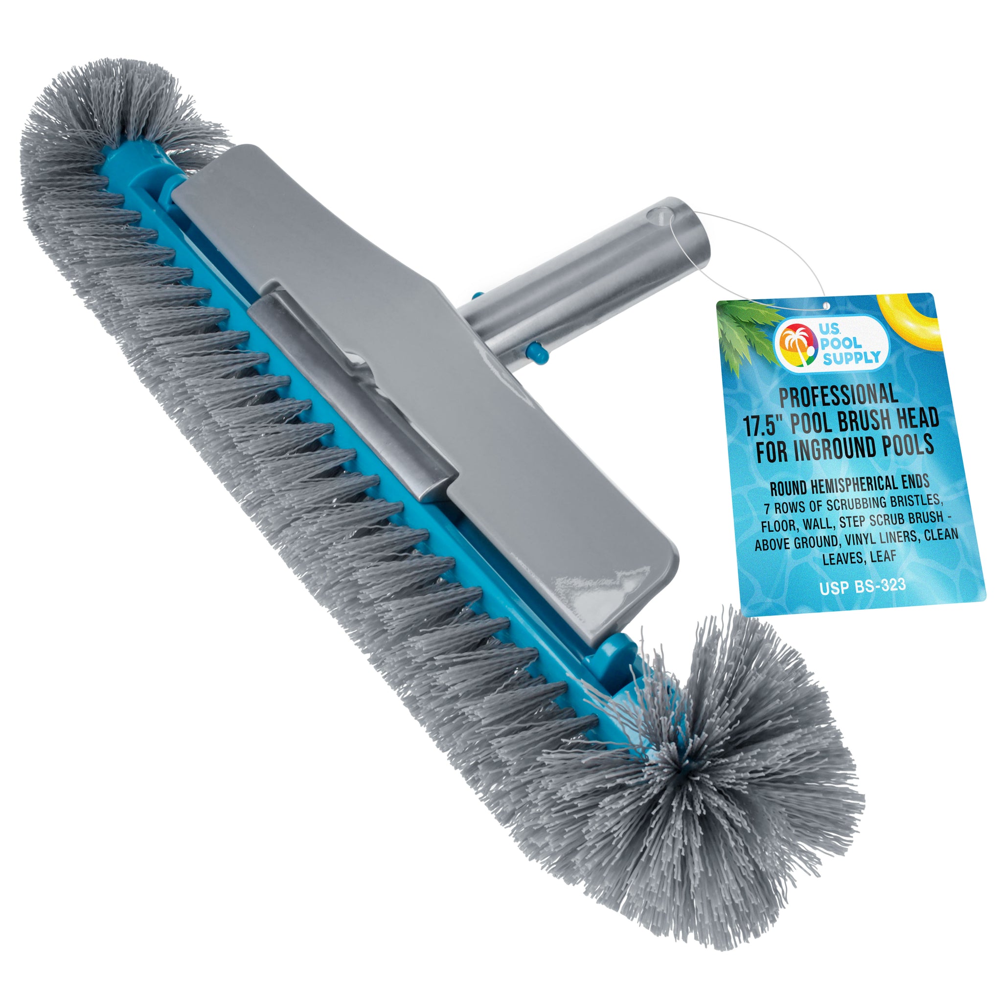 17.5" Pool Brush Head for Inground Pools - Round Hemispherical Ends, 7 Rows of Scrubbing Bristles, Floor, Wall, Step Scrub Brush