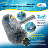 17.5" Pool Brush Head for Inground Pools - Round Hemispherical Ends, 7 Rows of Scrubbing Bristles, Floor, Wall, Step Scrub Brush