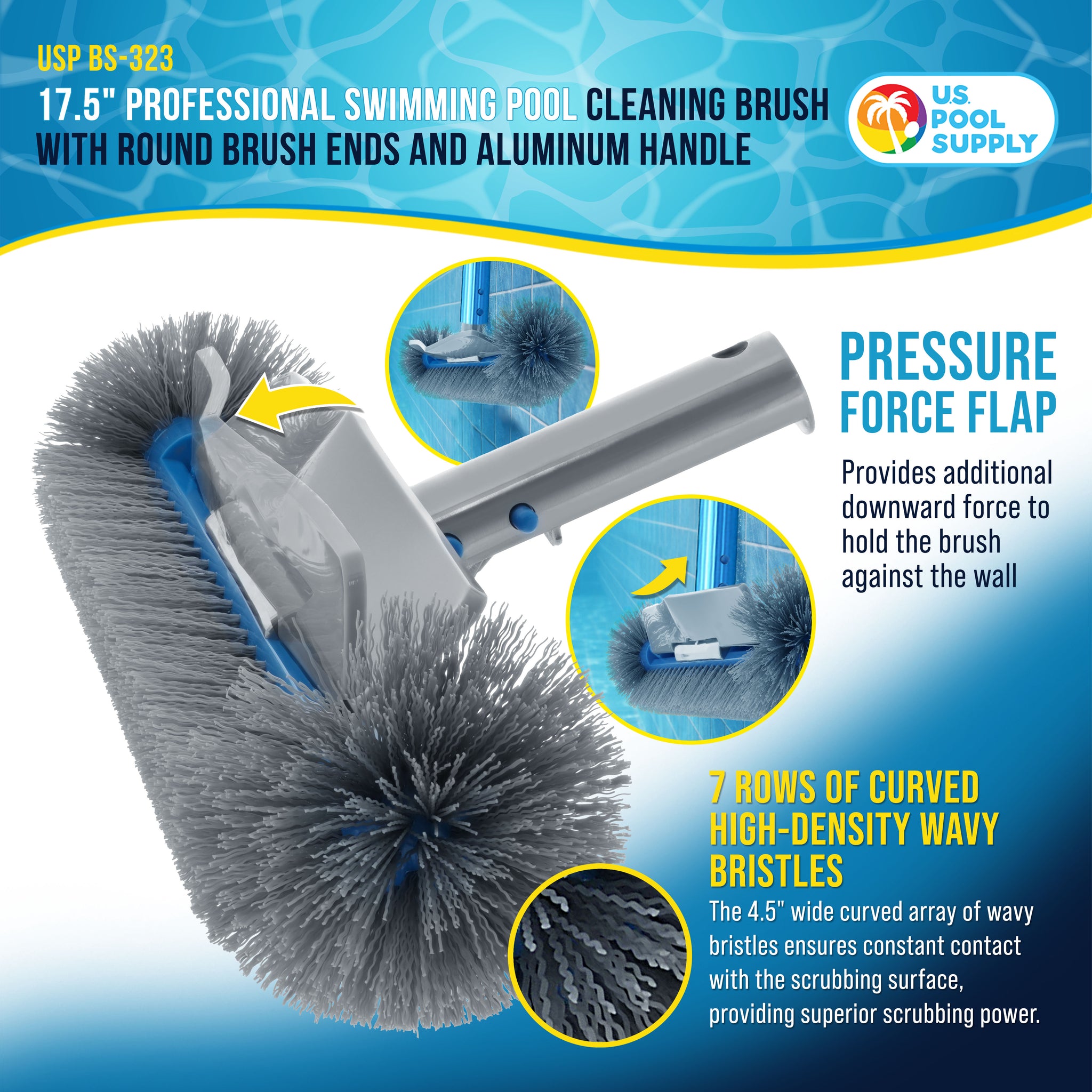 17.5" Pool Brush Head for Inground Pools - Round Hemispherical Ends, 7 Rows of Scrubbing Bristles, Floor, Wall, Step Scrub Brush