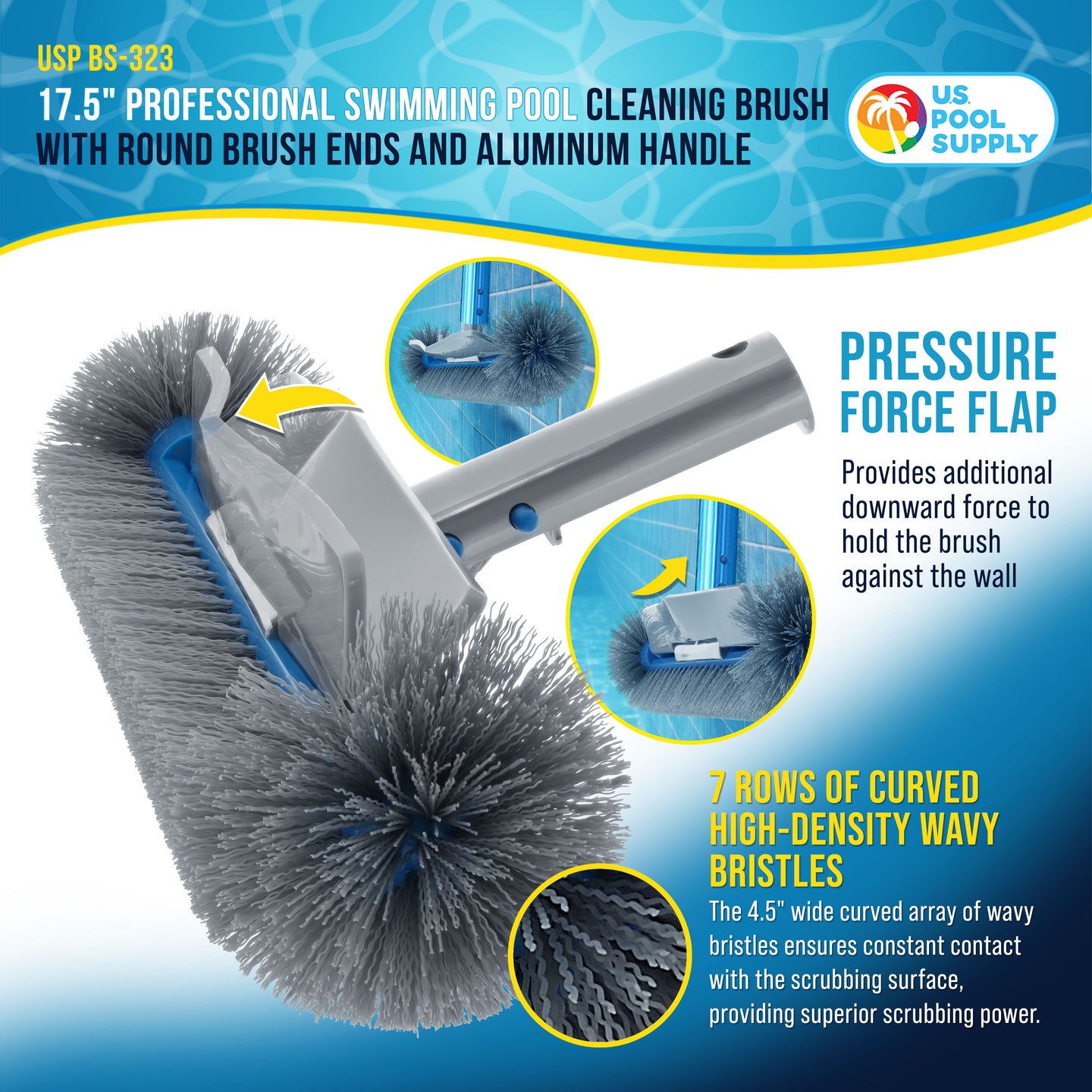 17.5" Pool Brush Head for Inground Pools - Round Hemispherical Ends, 7 Rows of Scrubbing Bristles, Floor, Wall, Step Scrub Brush