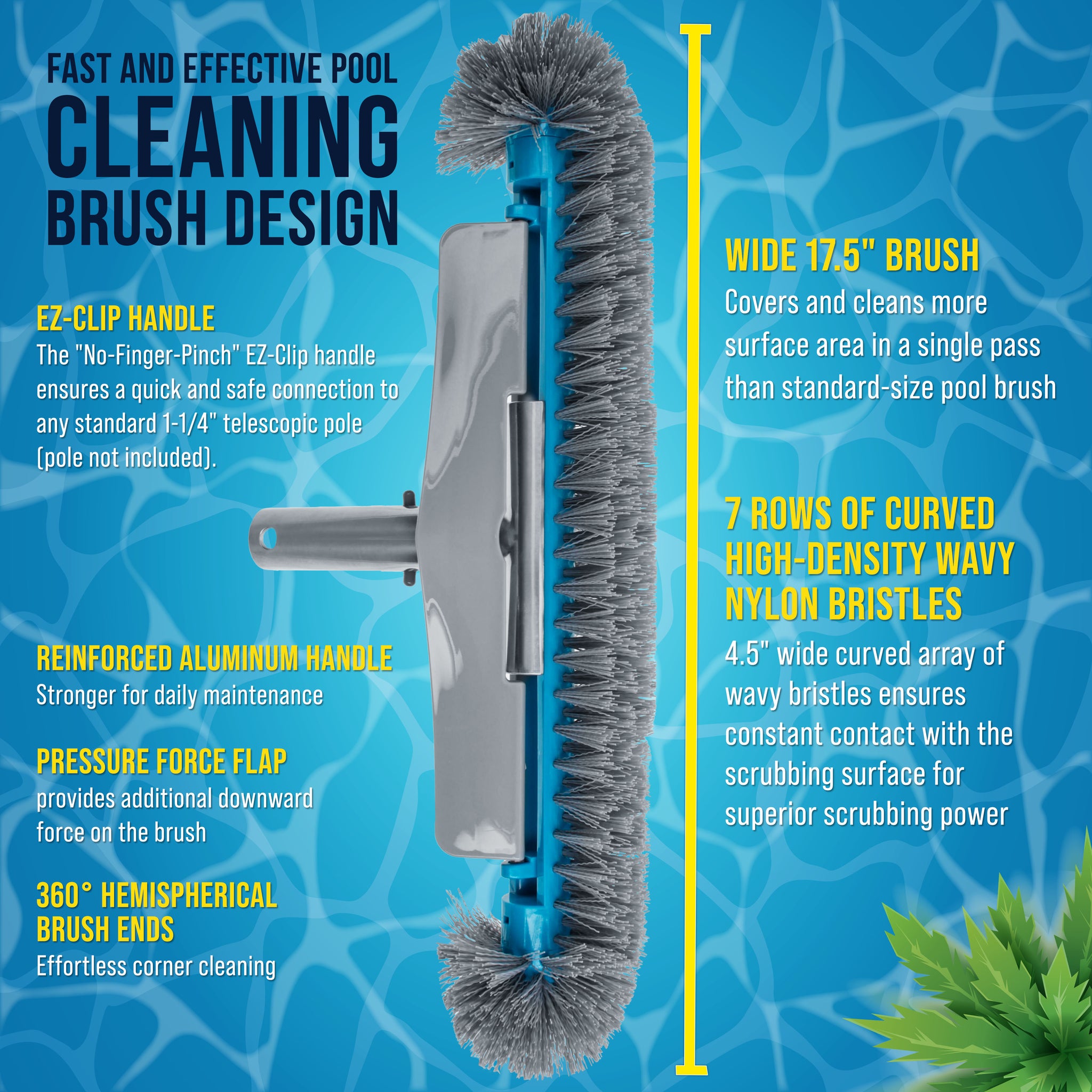 17.5" Pool Brush Head for Inground Pools - Round Hemispherical Ends, 7 Rows of Scrubbing Bristles, Floor, Wall, Step Scrub Brush