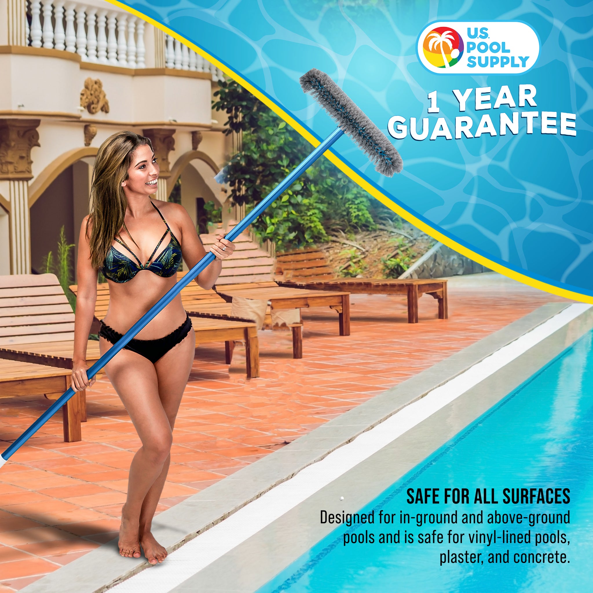 17.5" Pool Brush Head for Inground Pools - Round Hemispherical Ends, 7 Rows of Scrubbing Bristles, Floor, Wall, Step Scrub Brush