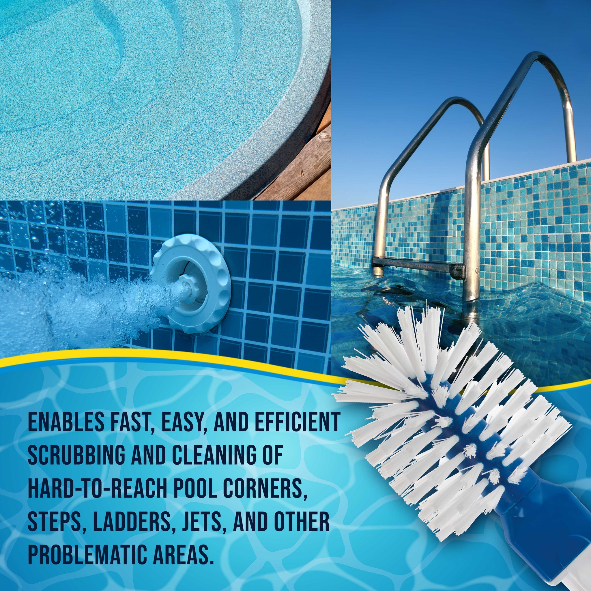 Corner and Step Round Pool Brush with Pole Handle - Strong Nylon Bristles Scrub Clean Corners, Steps, Stairs, Spa Jets, Remove Debris