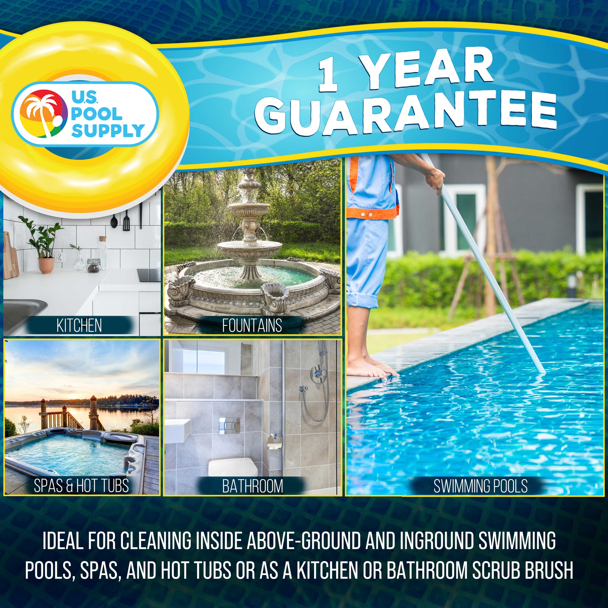 Corner and Step Round Pool Brush with Pole Handle - Strong Nylon Bristles Scrub Clean Corners, Steps, Stairs, Spa Jets, Remove Debris