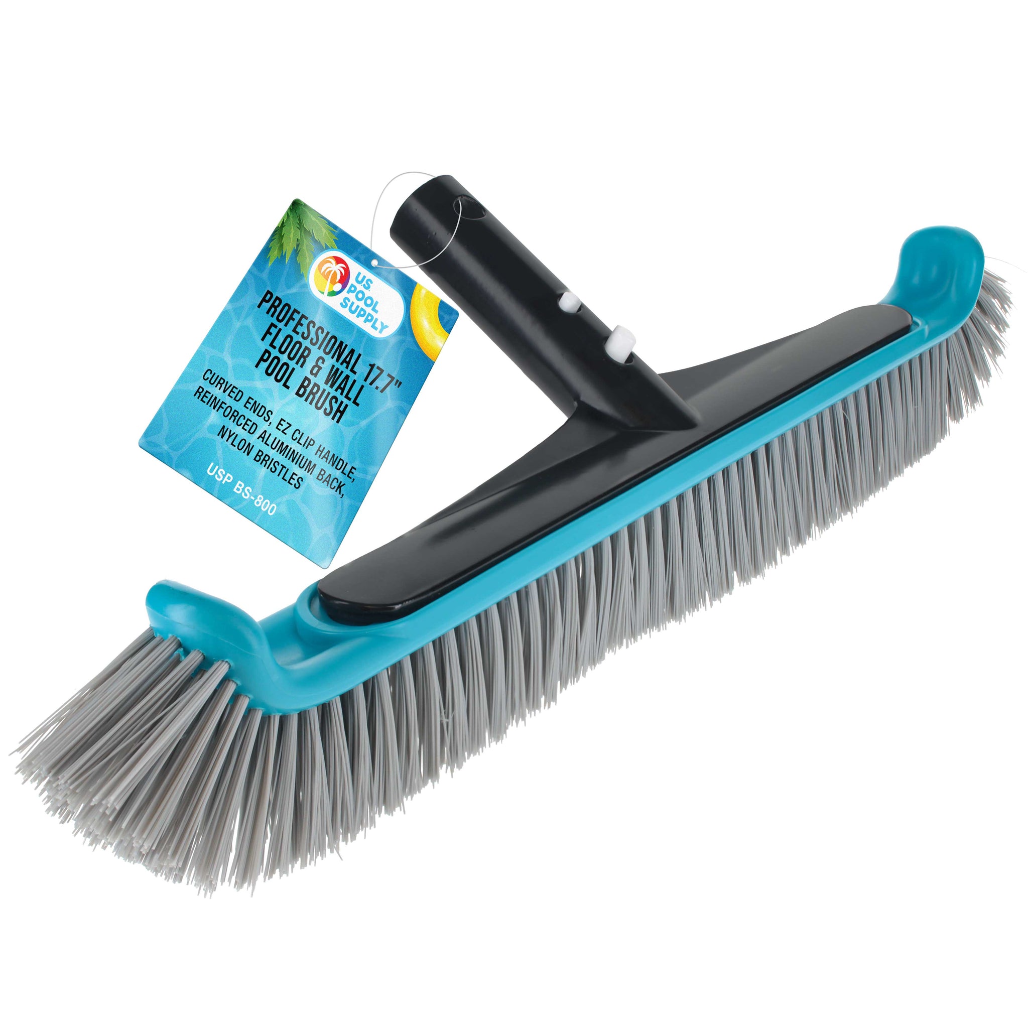 Heavy-Duty 17.7" Floor & Wall Pool Scrub Brush with Durable Bristles, Curved Ends, Reinforced Aluminium Back - Sweep Debris off Floor