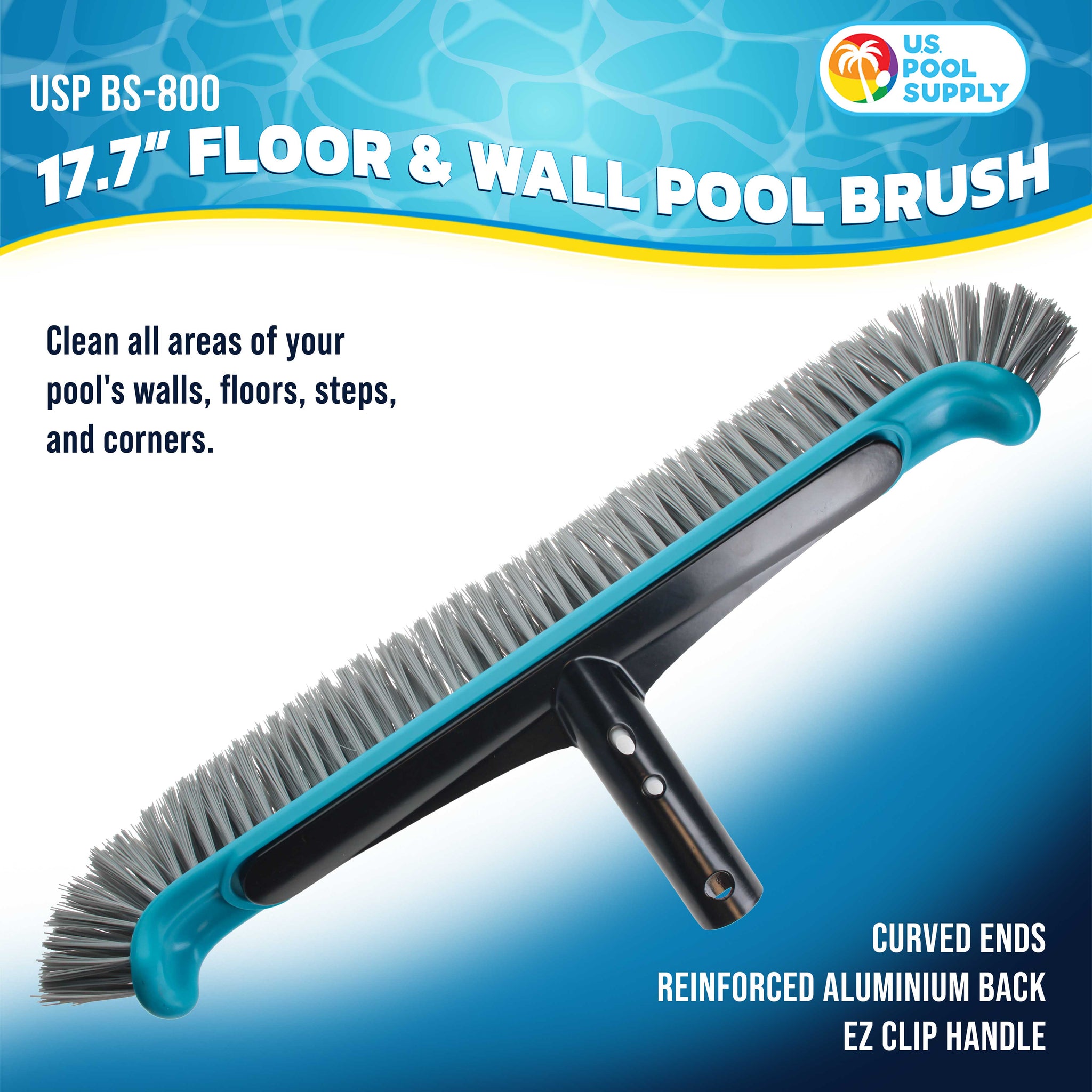 Heavy-Duty 17.7" Floor & Wall Pool Scrub Brush with Durable Bristles, Curved Ends, Reinforced Aluminium Back - Sweep Debris off Floor