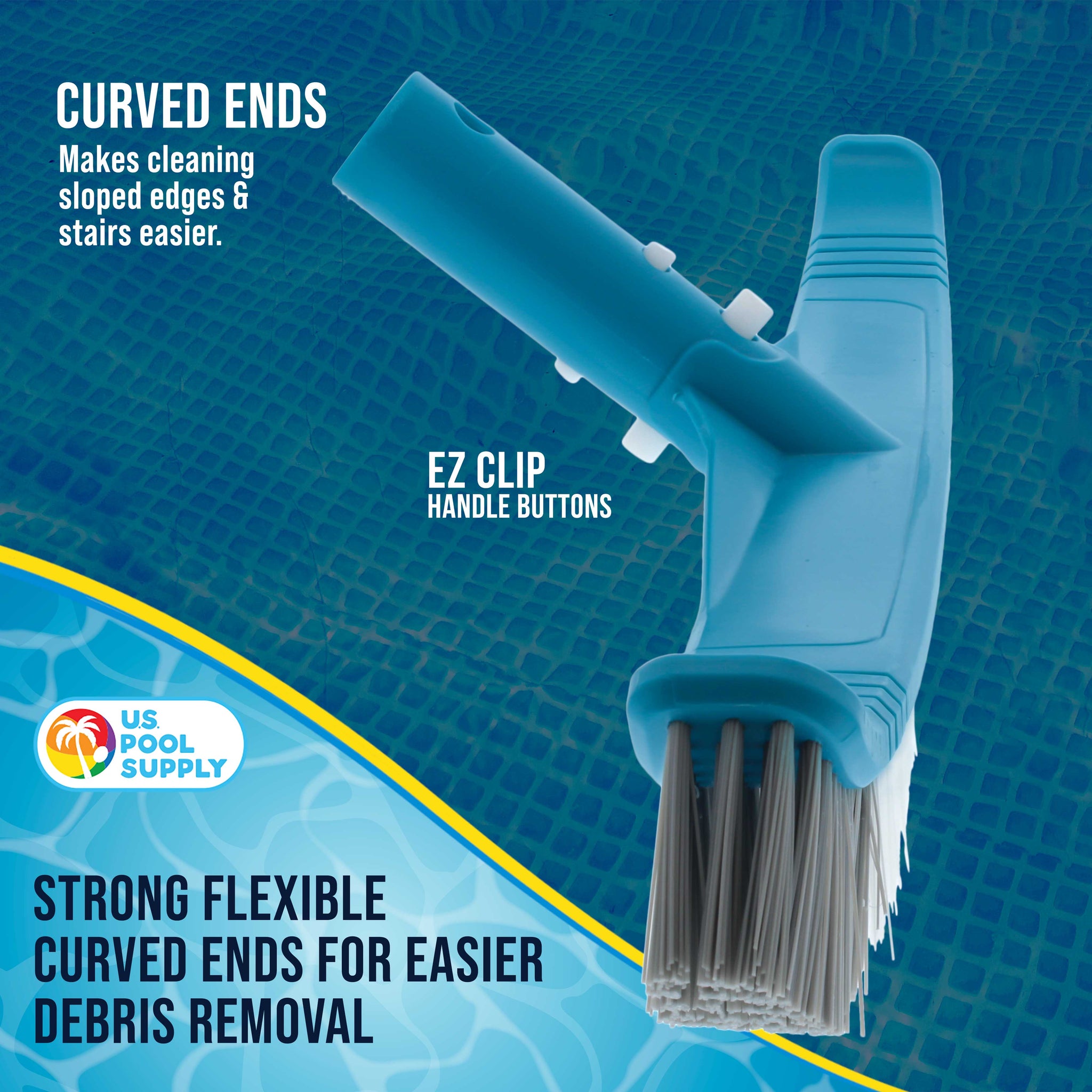 Professional 19" Floor & Wall Pool Brush with Flexible Curved Ends - Flexes on Walls, Floors & Steps to Sweep Off Debris Easier