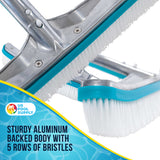 Professional 18" Aluminum Wall & Floor Pool Brush with Nylon Bristles and EZ Clip Handle - Reinforced Curved Ends, Durable Nylon Bristles