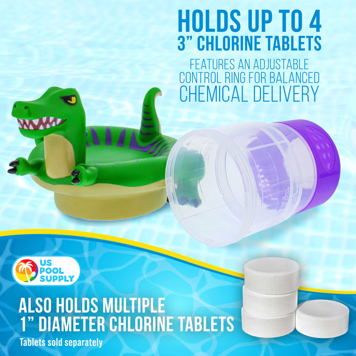 U.S. Pool Supply Dinosaur Floating Pool Chlorine Dispenser, Collapsible Base, Holds 3" Tablets, 10" Fun Cute Green T-Rex Dino Pet Animal Float Floater