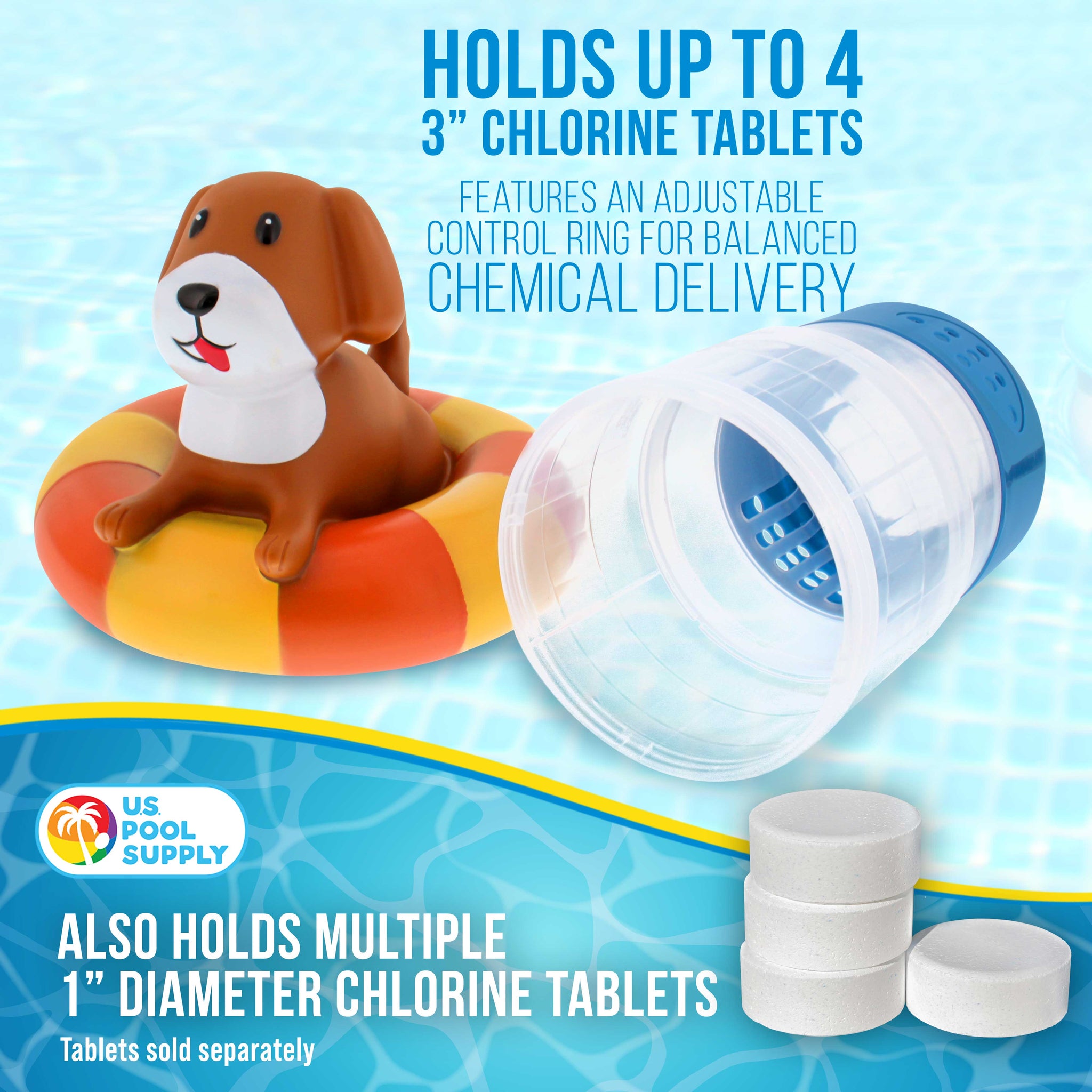 Puppy Dog Floating Pool Chlorine Dispenser, Collapsible Base, Holds 3" Tablets - 7" Fun Cute Pet Life Preserver Animal Float Floater