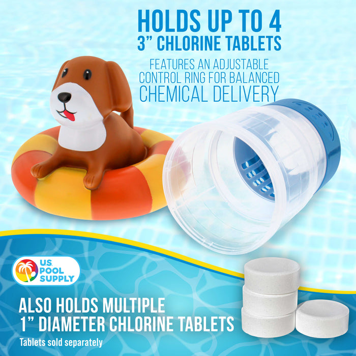 U.S. Pool Supply Puppy Dog Floating Pool Chlorine Dispenser, Collapsible Base, Holds 3" Tablets - 7" Fun Cute Pet Life Preserver Animal Float Floater