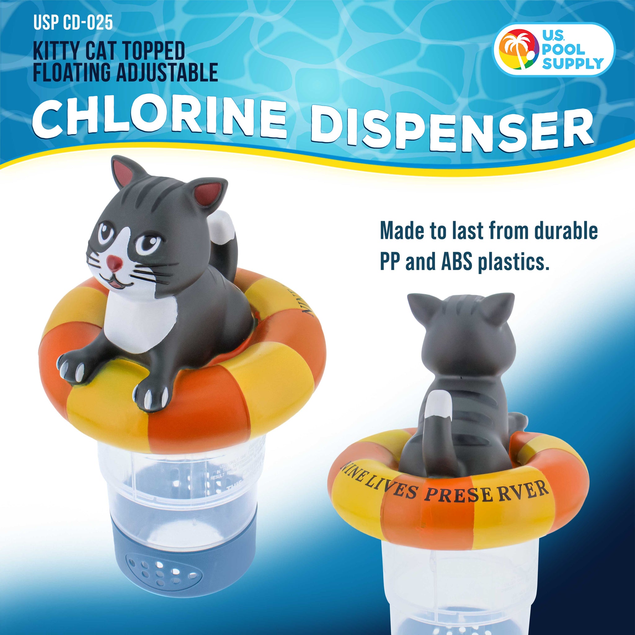 Kitty Cat Floating Pool Chlorine Dispenser, Collapsible Base, Holds 3" Tablets - 7" Fun Cute Pet Life Preserver Animal Float Floater