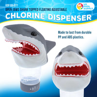 Open Jaws Shark Floating Pool Chlorine Dispenser, Collapsible Base, Holds 3" Tablets - 11" Fun, Scary Teeth Great White Animal Float