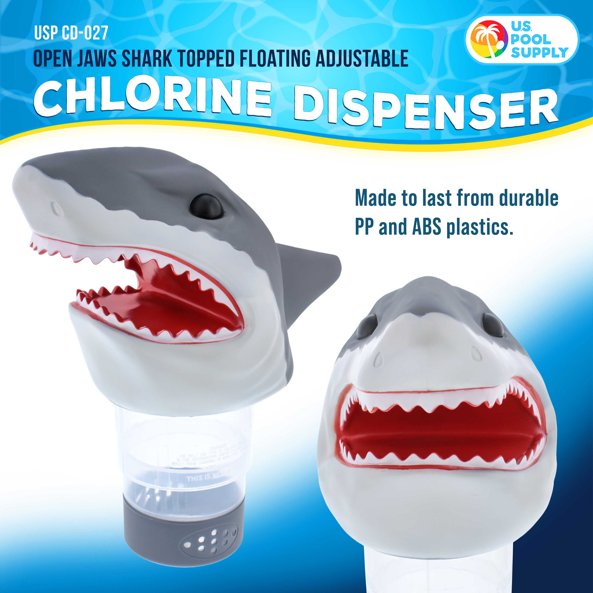 Open Jaws Shark Floating Pool Chlorine Dispenser, Collapsible Base, Holds 3" Tablets - 11" Fun, Scary Teeth Great White Animal Float