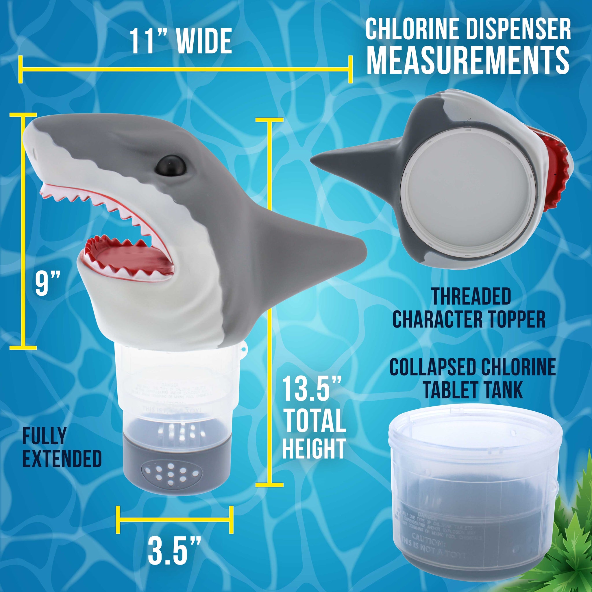 Open Jaws Shark Floating Pool Chlorine Dispenser, Collapsible Base, Holds 3" Tablets - 11" Fun, Scary Teeth Great White Animal Float