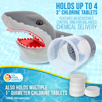 Open Jaws Shark Floating Pool Chlorine Dispenser, Collapsible Base, Holds 3" Tablets - 11" Fun, Scary Teeth Great White Animal Float