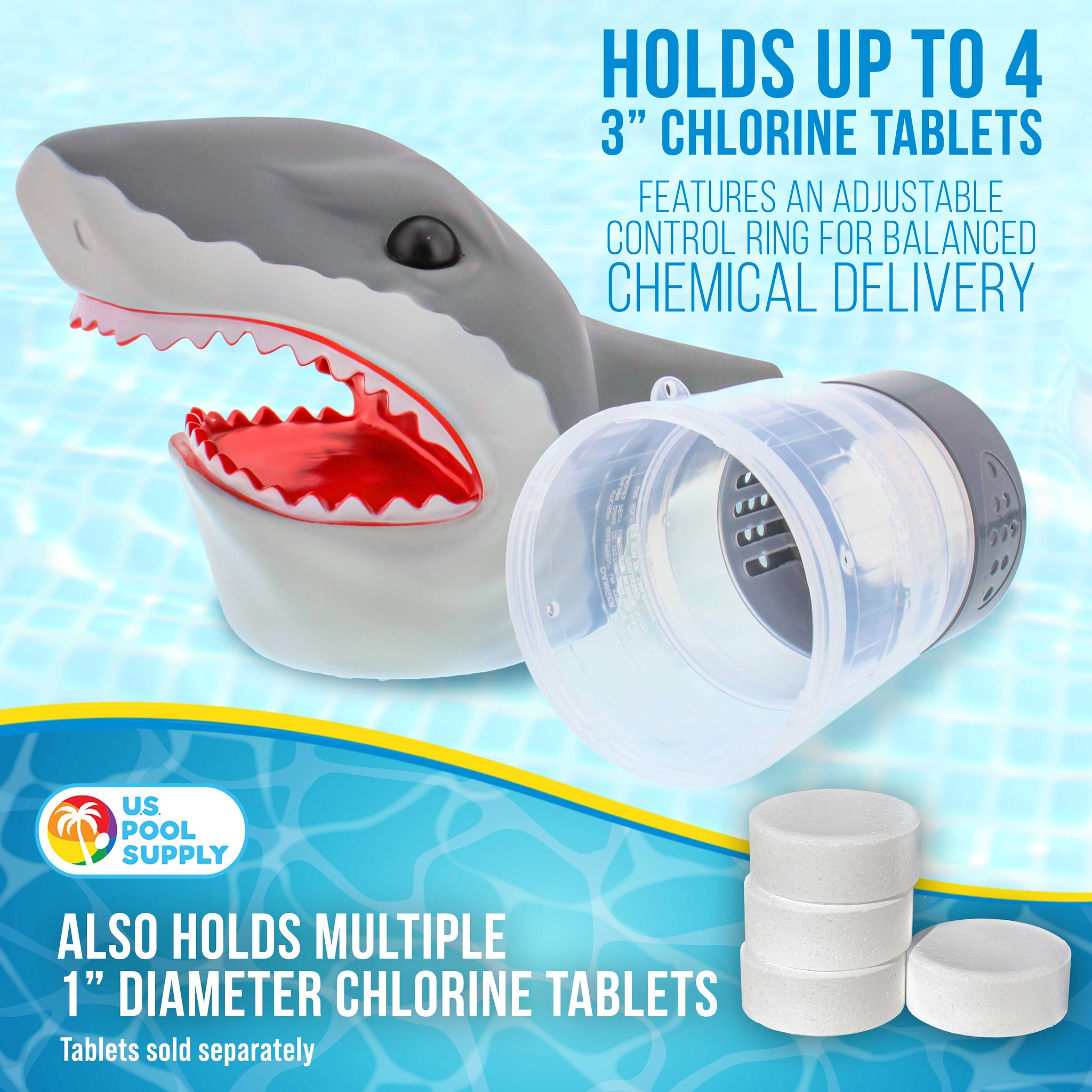 Open Jaws Shark Floating Pool Chlorine Dispenser, Collapsible Base, Holds 3" Tablets - 11" Fun, Scary Teeth Great White Animal Float
