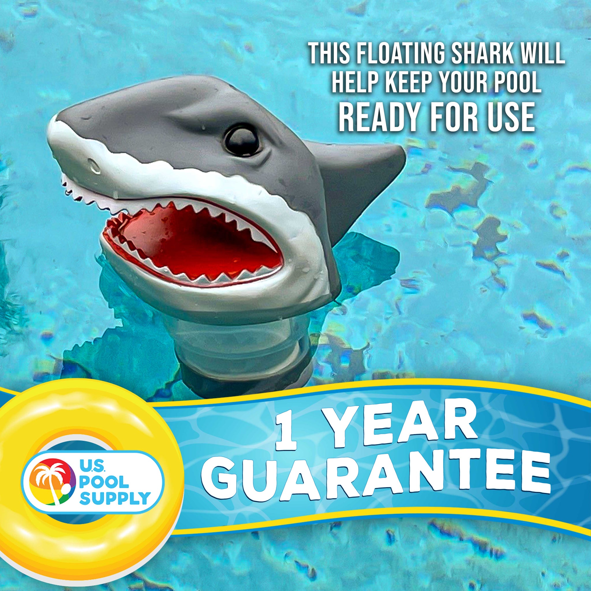 Open Jaws Shark Floating Pool Chlorine Dispenser, Collapsible Base, Holds 3" Tablets - 11" Fun, Scary Teeth Great White Animal Float
