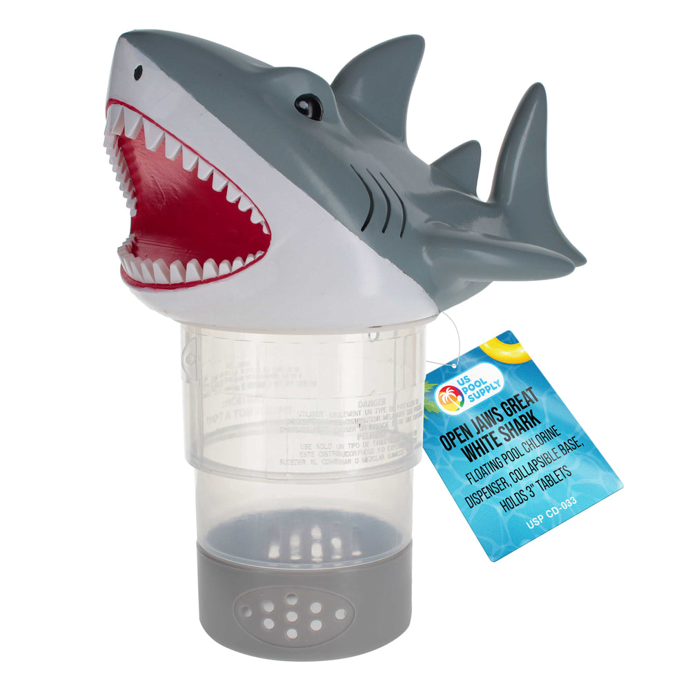 U.S. Pool Supply Open Jaws Great White Shark Floating Pool Chlorine Dispenser, Collapsible Base, Holds 3" Tablets - Scary Teeth, Animal Float Floater