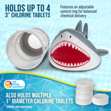 Open Jaws Great White Shark Floating Pool Chlorine Dispenser, Collapsible Base, Holds 3" Tablets - Scary Teeth, Animal Float Floater